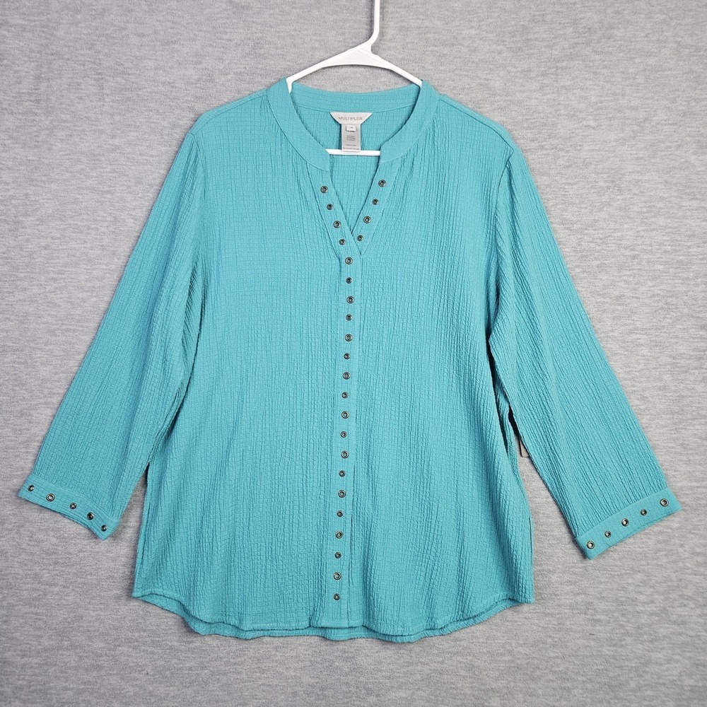 Multiples Women's Teal Blue 3/4 Sleeve Grommet Embellishments Shirt Sz M New